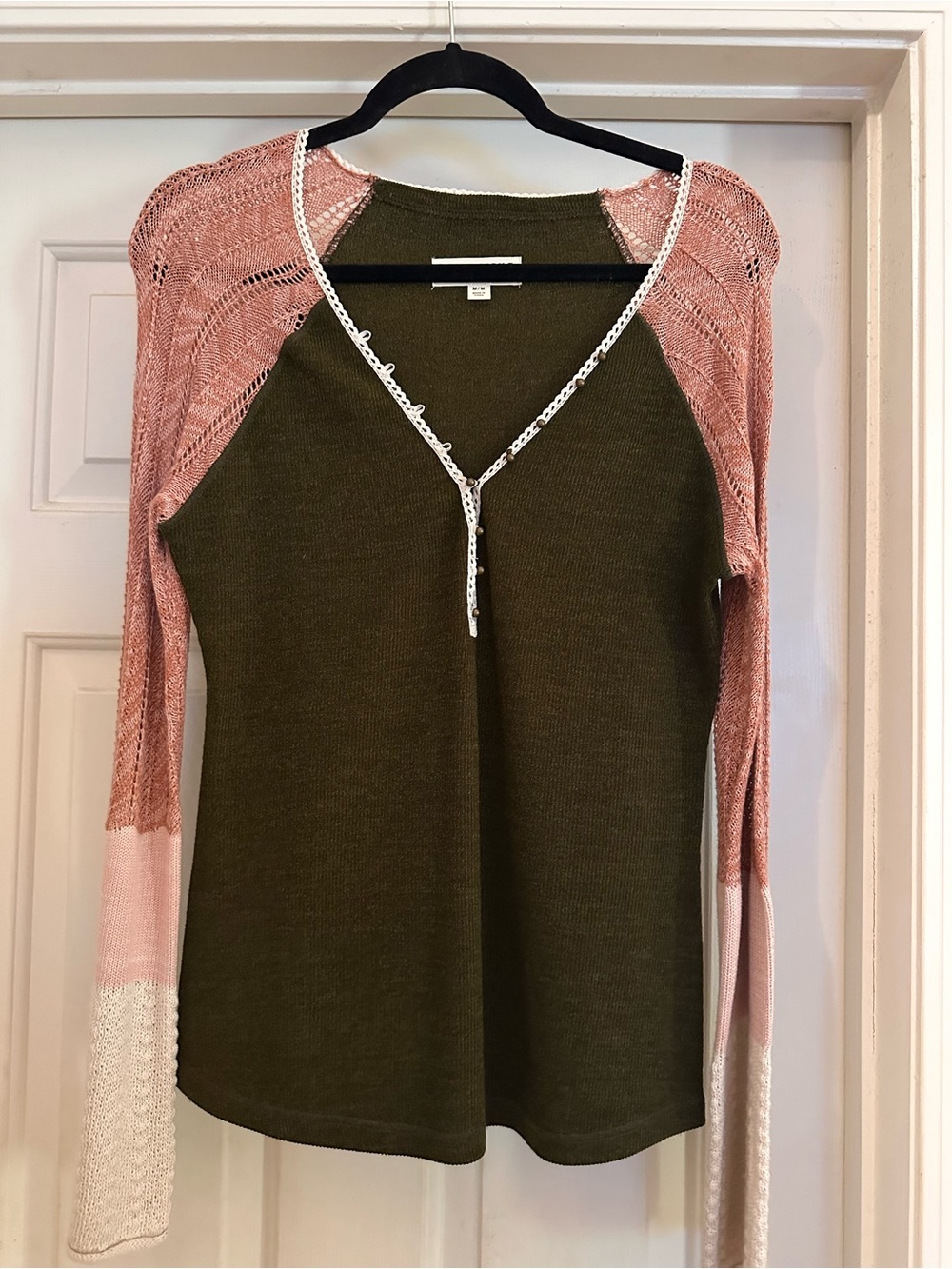 Idyllwind Olive Green Body with Dusty Pink Raglan Sleeve Knit Top